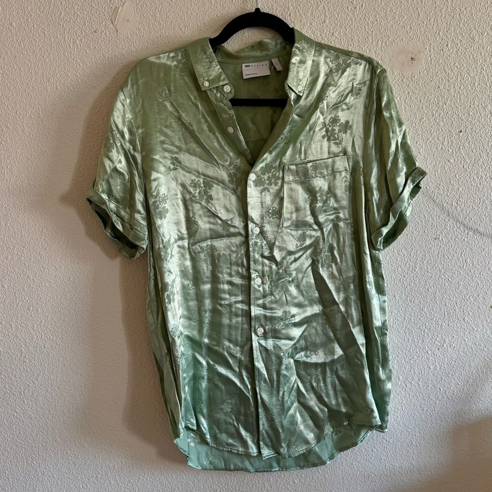 ASOS DESIGN button down shirt in mint green | satin jacquard | M | NEW - Picture 2 of 8